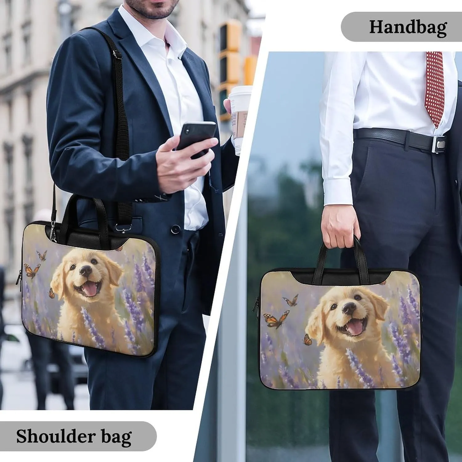 Happy Retriever Puppy Leather Bag Laptop Case Slim Water Resistant Computer Bags with Handle Briefcase for Work