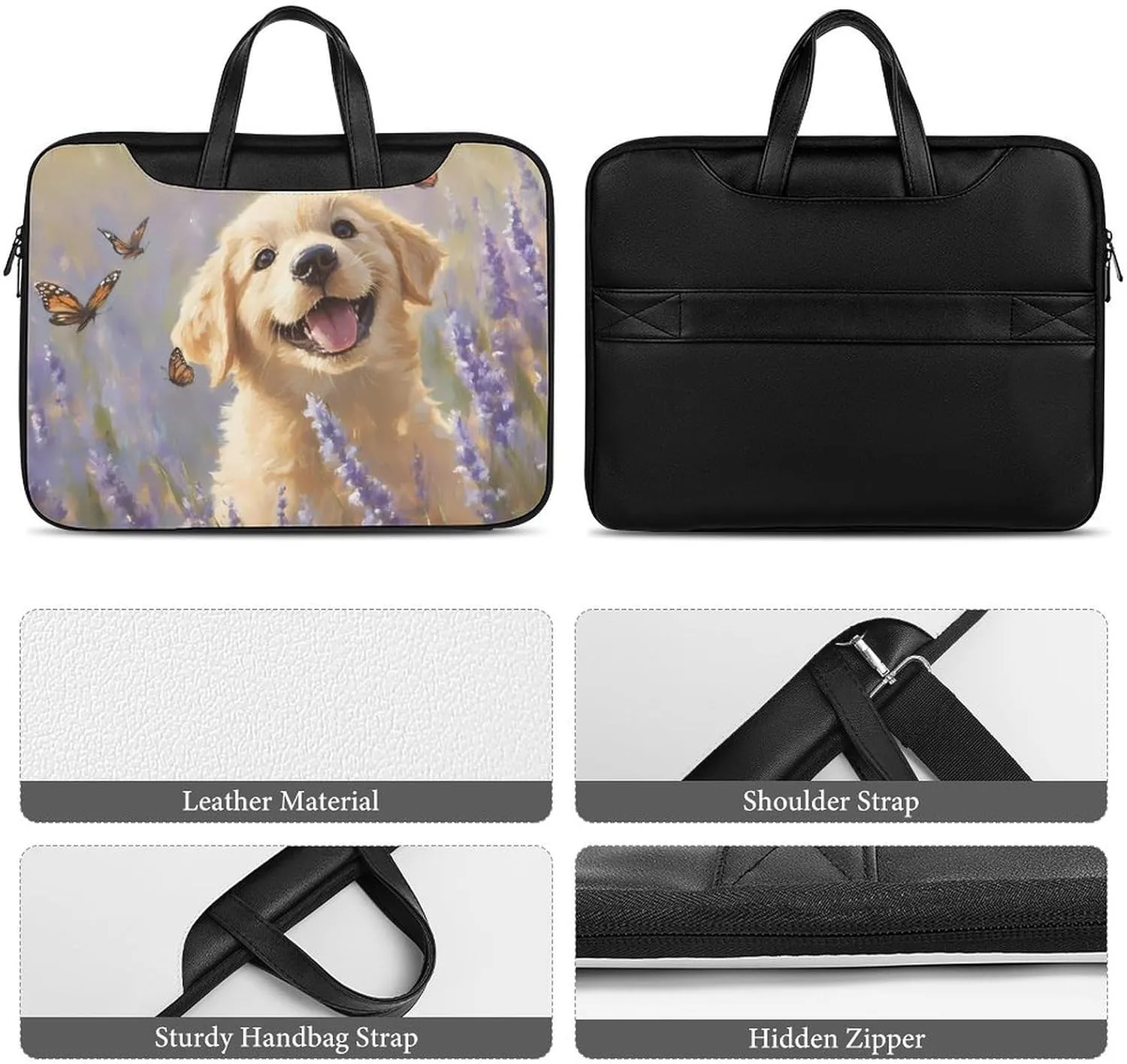 Happy Retriever Puppy Leather Bag Laptop Case Slim Water Resistant Computer Bags with Handle Briefcase for Work