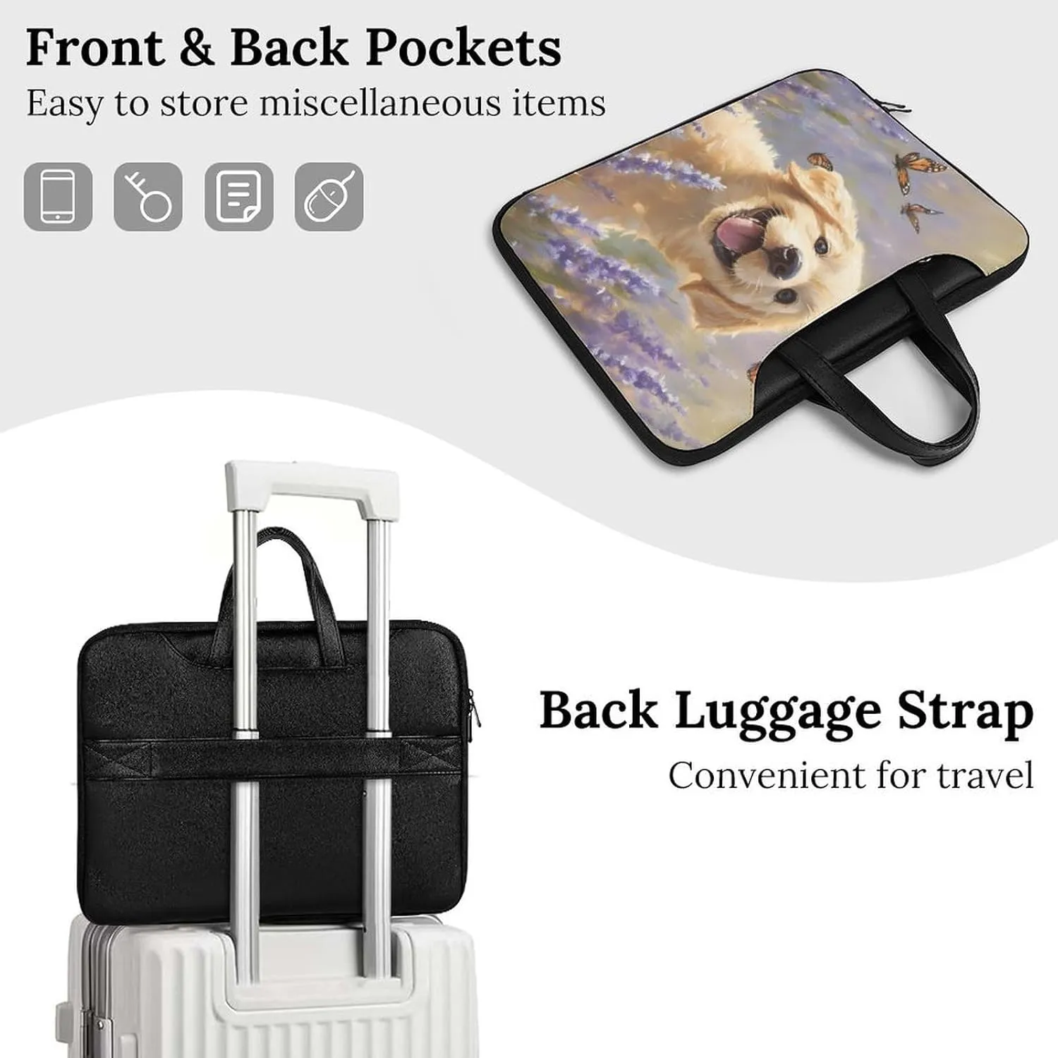 Happy Retriever Puppy Leather Bag Laptop Case Slim Water Resistant Computer Bags with Handle Briefcase for Work