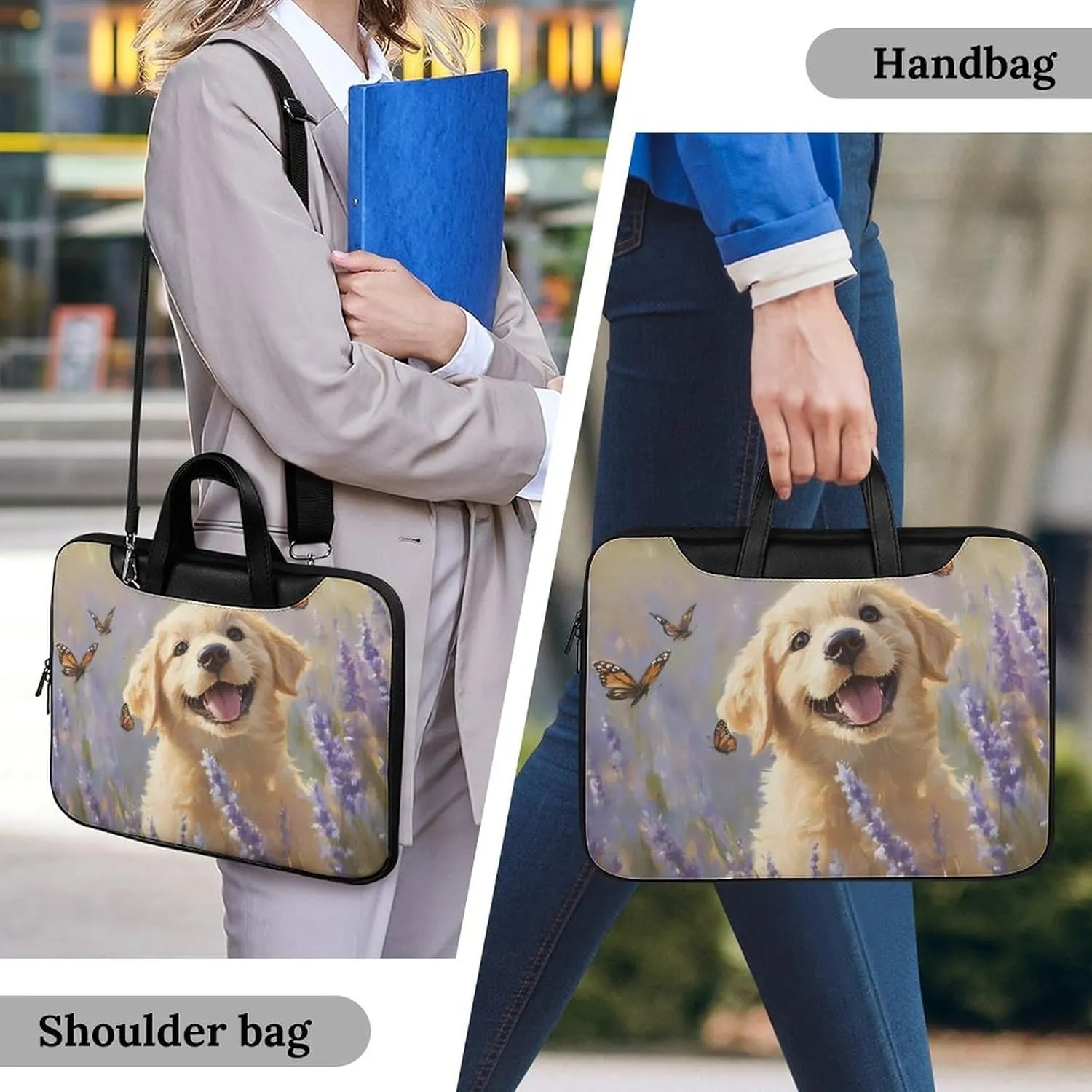 Happy Retriever Puppy Leather Bag Laptop Case Slim Water Resistant Computer Bags with Handle Briefcase for Work