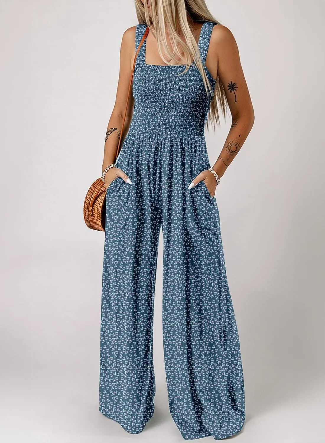 Happy Sailed Jumpsuits for Women Summer Casual Floral Print Sleeveless Jumpsuit High Waist Wide Leg Pants Romper with Pockets