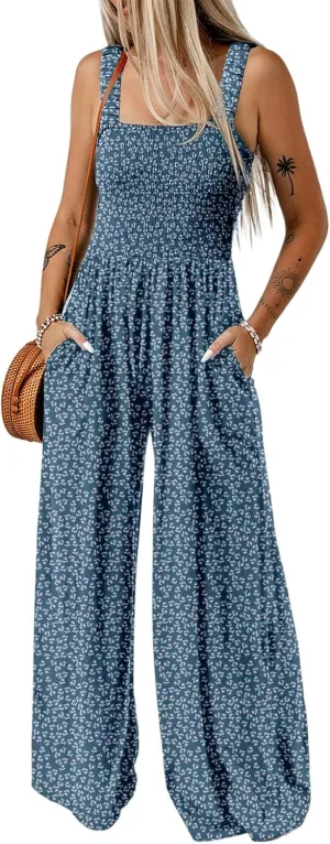 Happy Sailed Jumpsuits for Women Summer Casual Floral Print Sleeveless Jumpsuit High Waist Wide Leg Pants Romper with Pockets