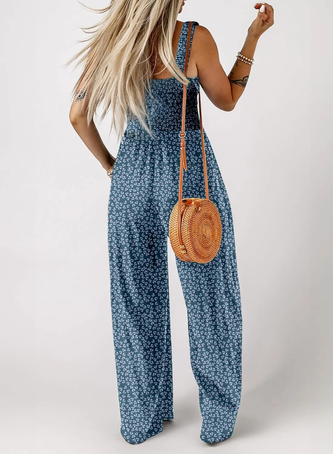 Happy Sailed Jumpsuits for Women Summer Casual Floral Print Sleeveless Jumpsuit High Waist Wide Leg Pants Romper with Pockets