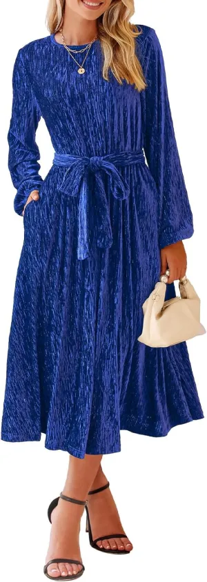 Happy Sailed Women's Velvet Dress Fashion Spring Lantern Sleeve High Waist A-Line Long Formal Party Dresses