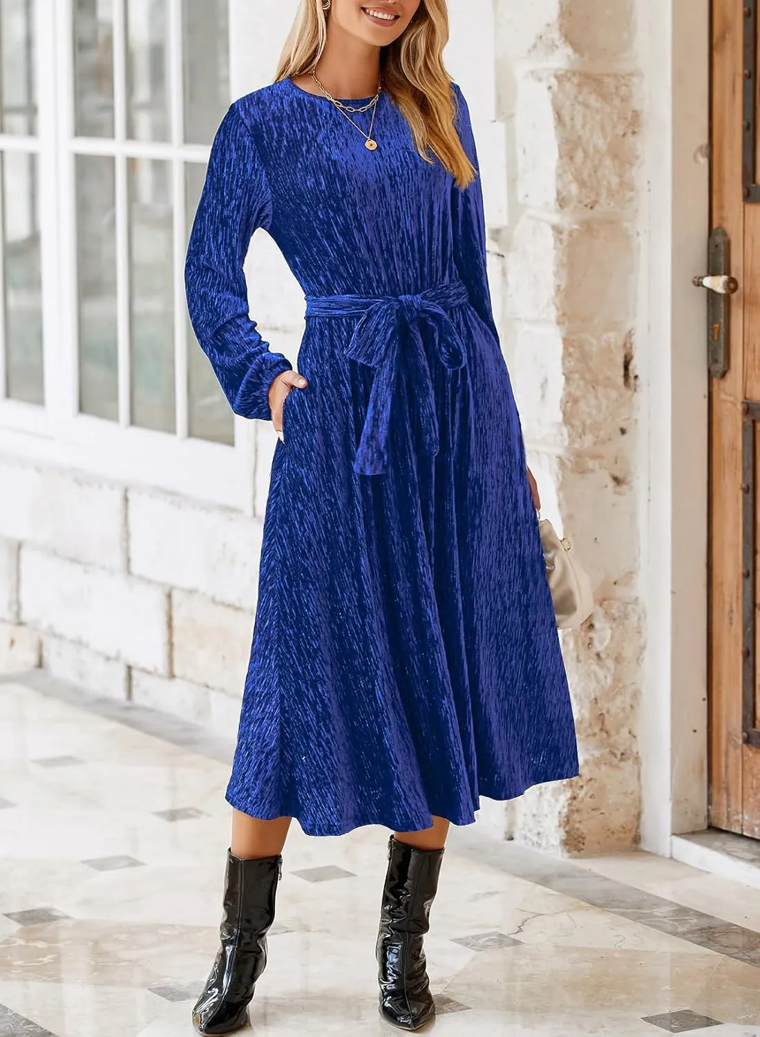 Happy Sailed Women's Velvet Dress Fashion Spring Lantern Sleeve High Waist A-Line Long Formal Party Dresses