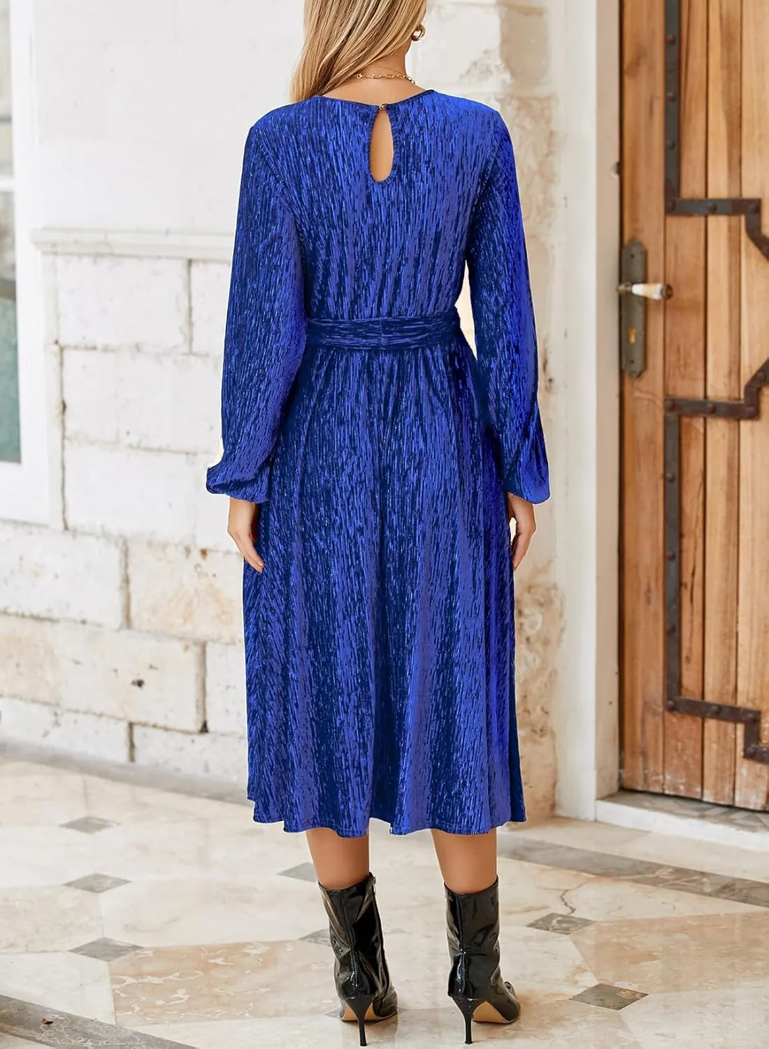 Happy Sailed Women's Velvet Dress Fashion Spring Lantern Sleeve High Waist A-Line Long Formal Party Dresses