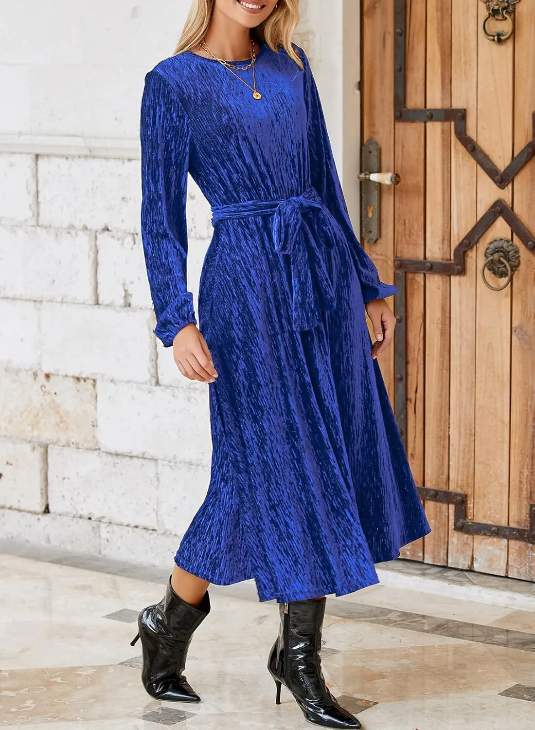 Happy Sailed Women's Velvet Dress Fashion Spring Lantern Sleeve High Waist A-Line Long Formal Party Dresses