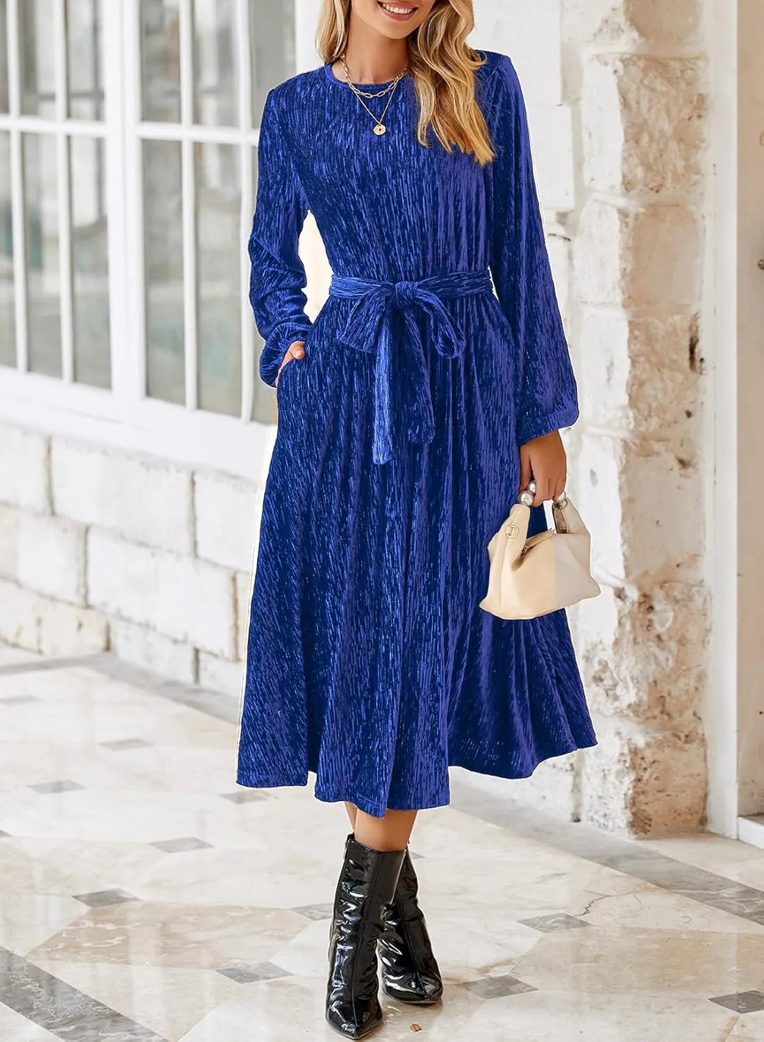 Happy Sailed Women's Velvet Dress Fashion Spring Lantern Sleeve High Waist A-Line Long Formal Party Dresses