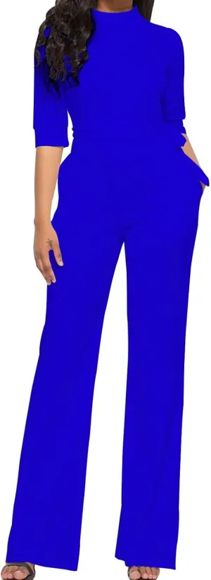 HGps8w Mock Neck Jumpsuits for Women Dressy Casual Straight Long Pants Rompers Elegant One Piece Business Office Outfits