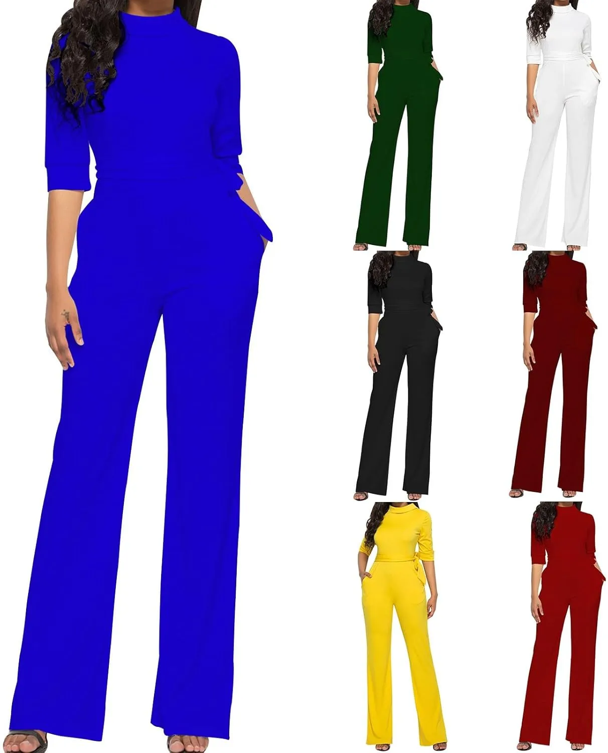 HGps8w Mock Neck Jumpsuits for Women Dressy Casual Straight Long Pants Rompers Elegant One Piece Business Office Outfits