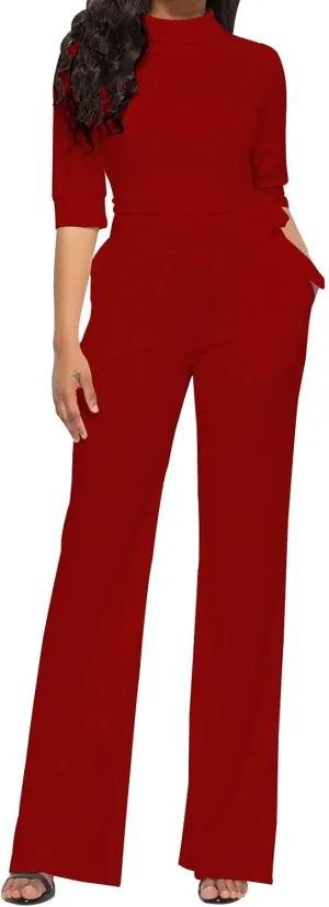 HGps8w Mock Neck Jumpsuits for Women Dressy Casual Straight Long Pants Rompers Elegant One Piece Business Office Outfits