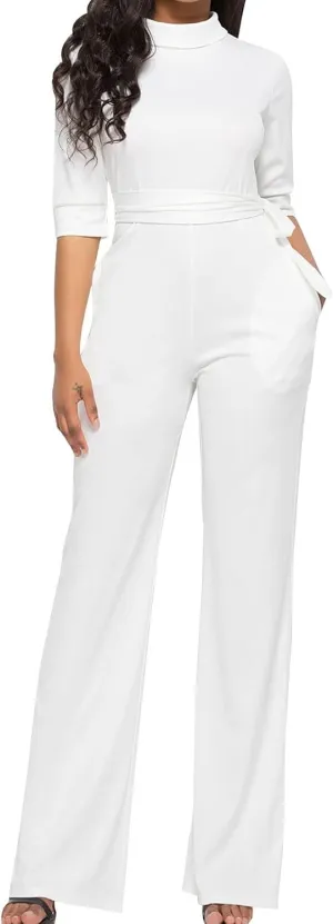 HGps8w Mock Neck Jumpsuits for Women Dressy Casual Straight Long Pants Rompers Elegant One Piece Business Office Outfits