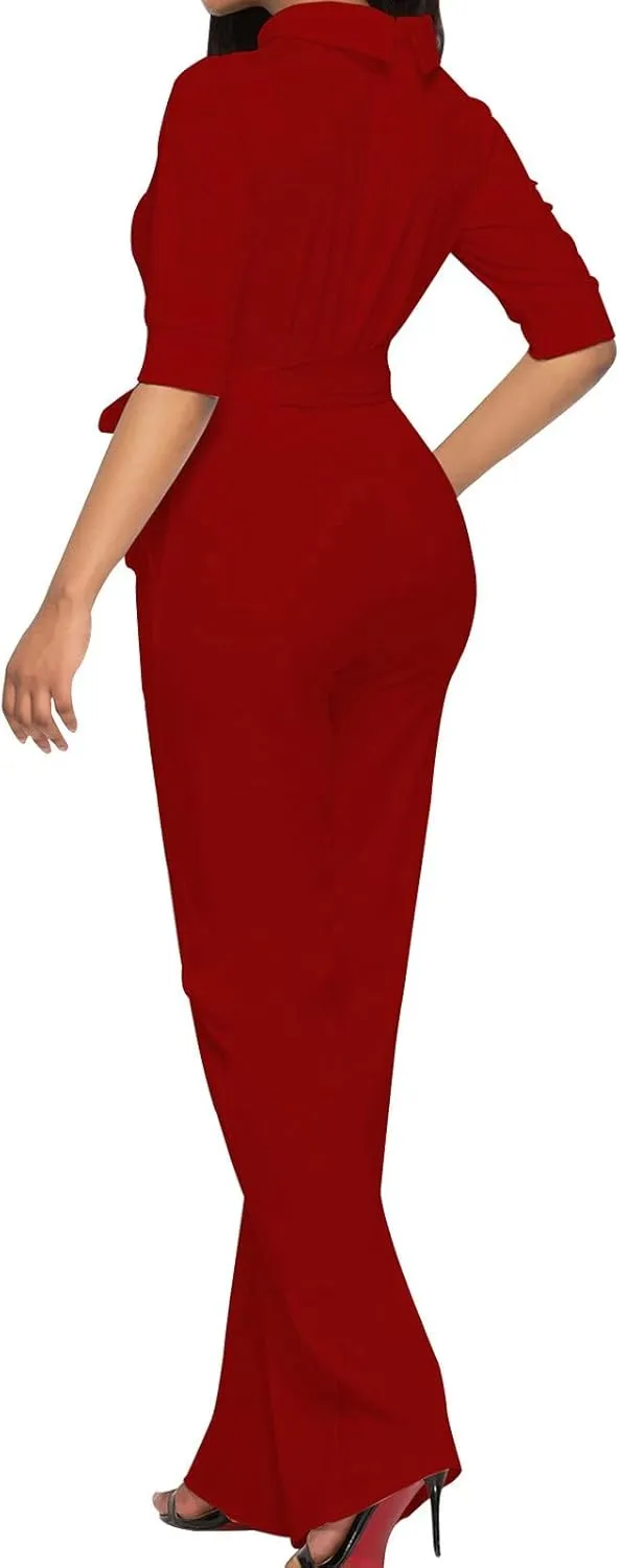 HGps8w Mock Neck Jumpsuits for Women Dressy Casual Straight Long Pants Rompers Elegant One Piece Business Office Outfits
