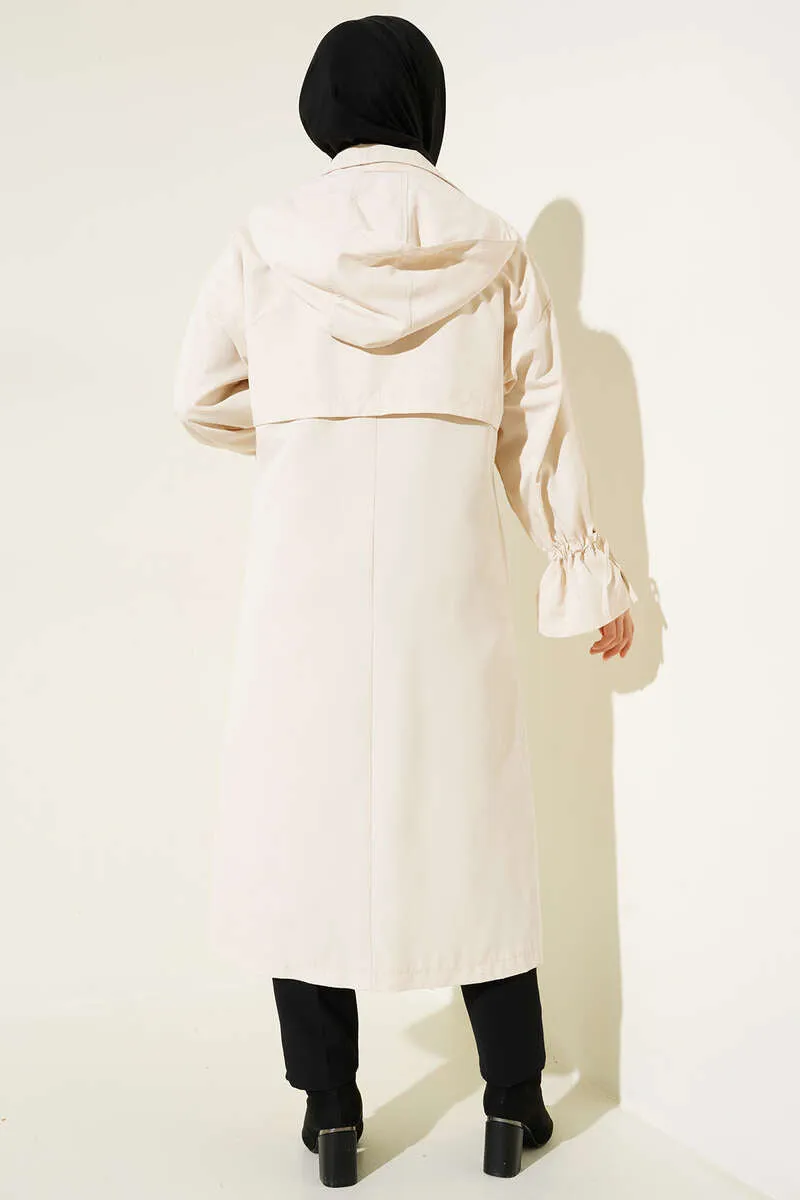 Hooded Snap Button Trench Coat - Beige