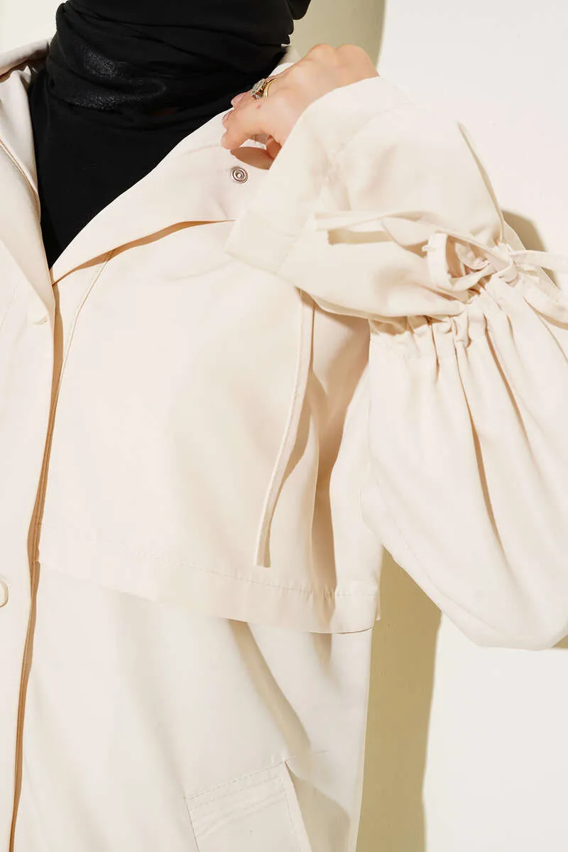 Hooded Snap Button Trench Coat - Beige