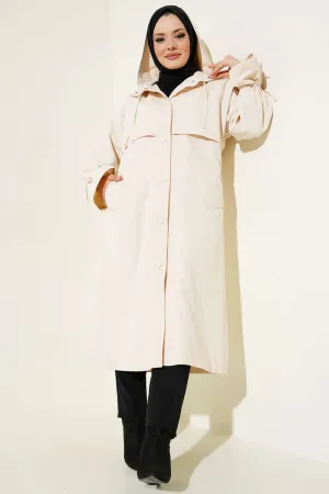 Hooded Snap Button Trench Coat - Beige