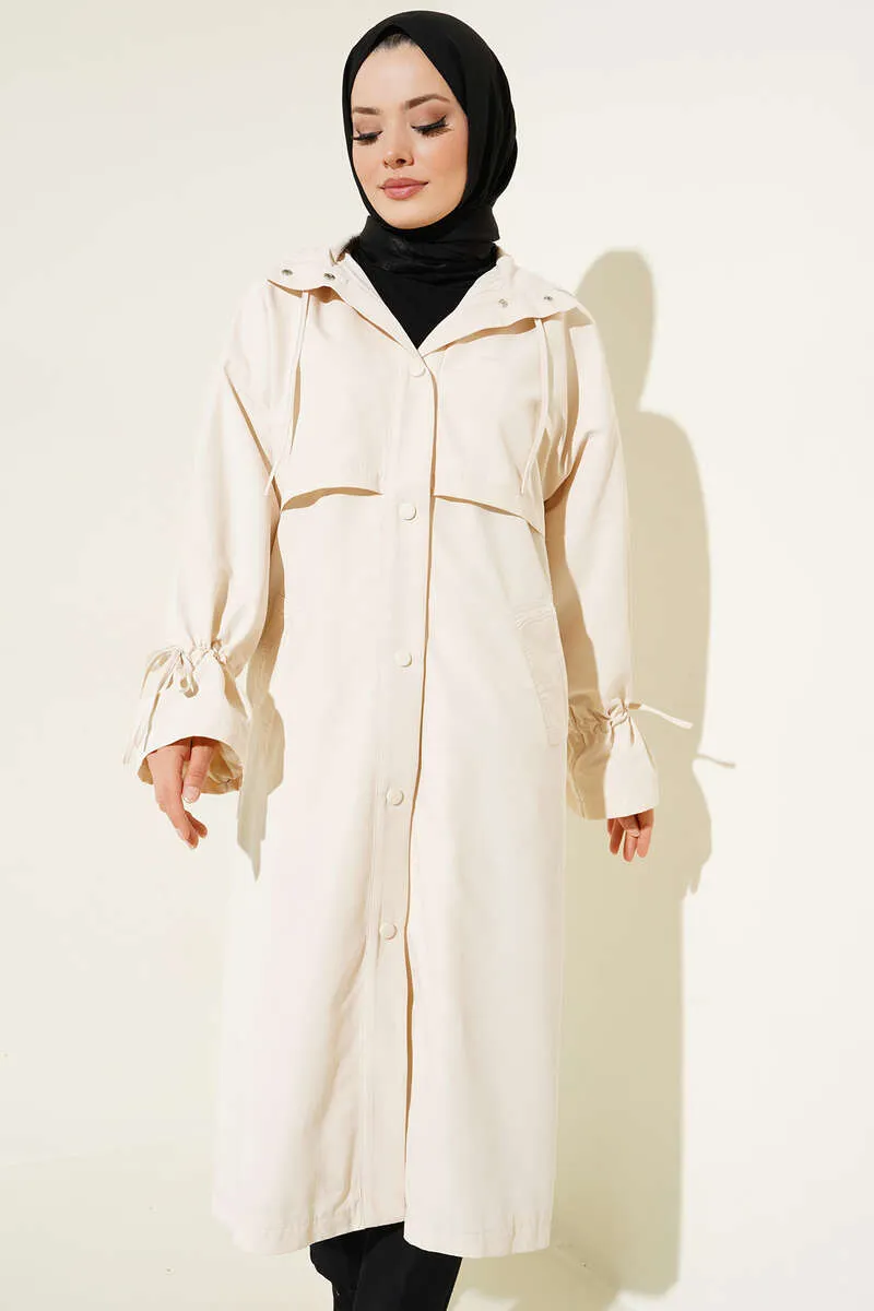 Hooded Snap Button Trench Coat - Beige
