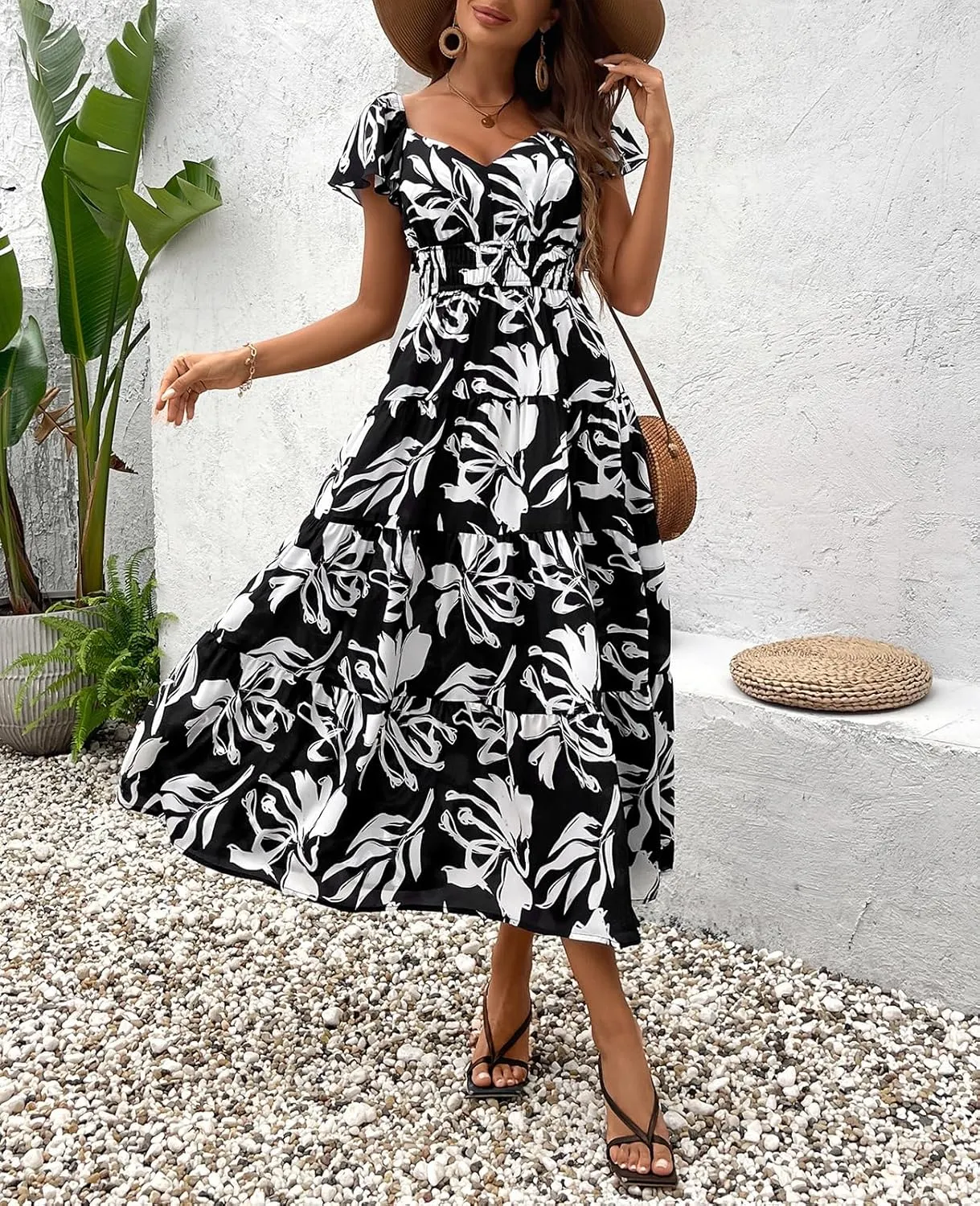 HTZMO Women Summer Short Sleeve Floral Maxi Long Dresses Boho Casual Wedding Guest Dresses