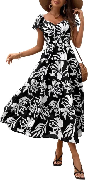 HTZMO Women Summer Short Sleeve Floral Maxi Long Dresses Boho Casual Wedding Guest Dresses