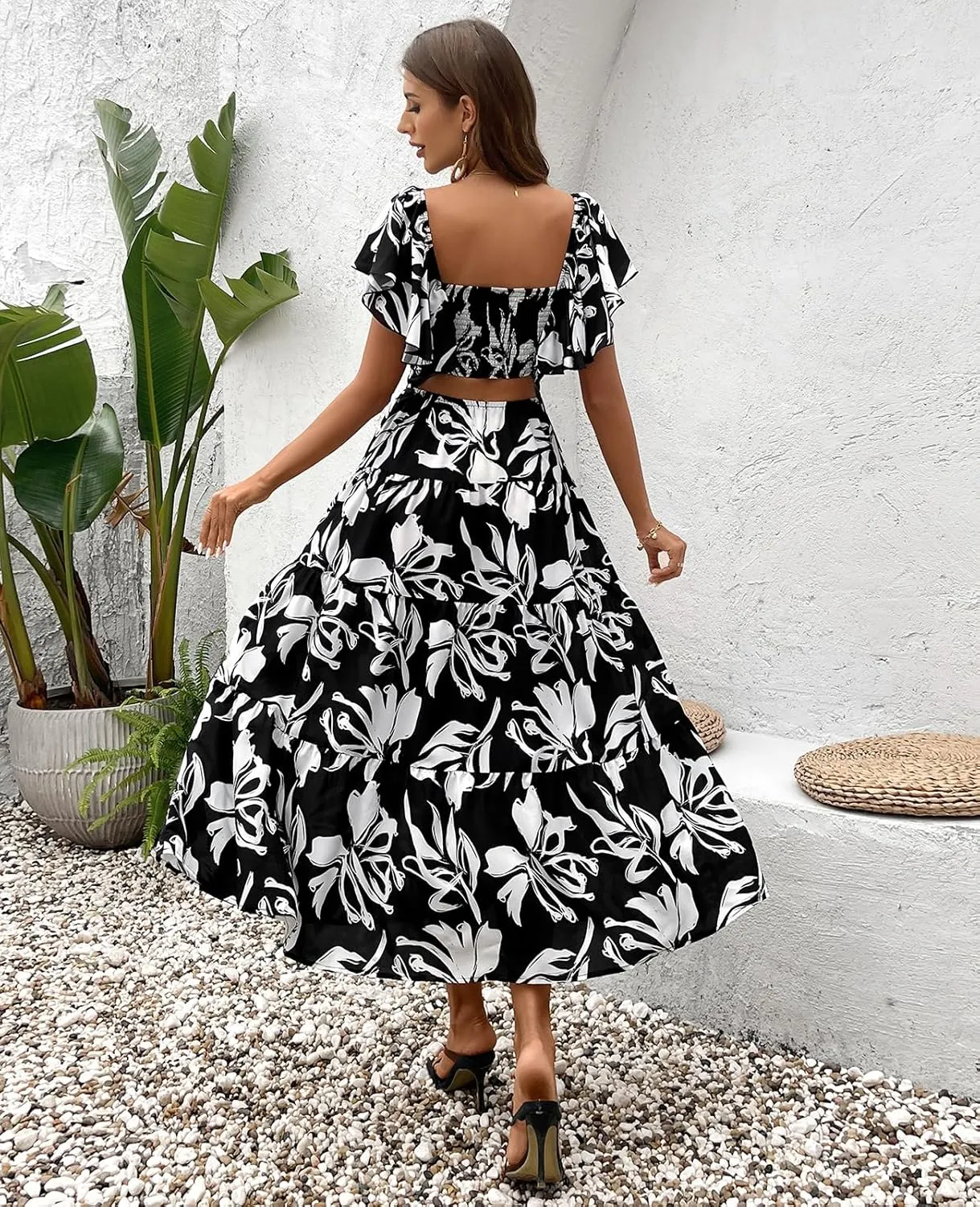 HTZMO Women Summer Short Sleeve Floral Maxi Long Dresses Boho Casual Wedding Guest Dresses