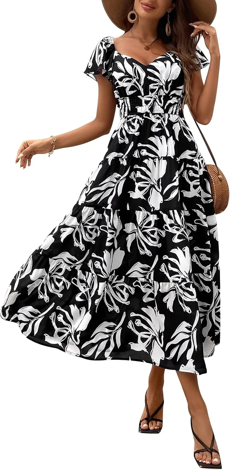 HTZMO Women Summer Short Sleeve Floral Maxi Long Dresses Boho Casual Wedding Guest Dresses