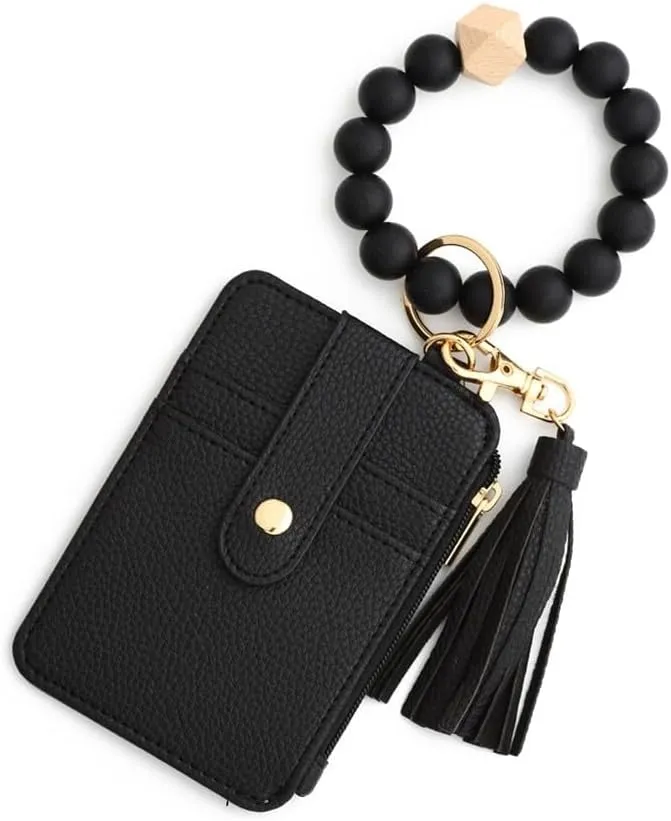 ikasus Wristlet Keychain Bracelet Wallet, Silicone Bead keyring Bangle for Women Wallet Car Keys Ring Holder with Tassels Type 5