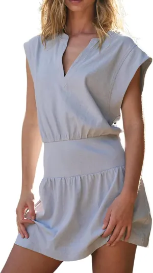 InterNos Womens Summer Mini Dress Lightweight V Neck Cap Sleeves A-Line Casual Athletic Dress