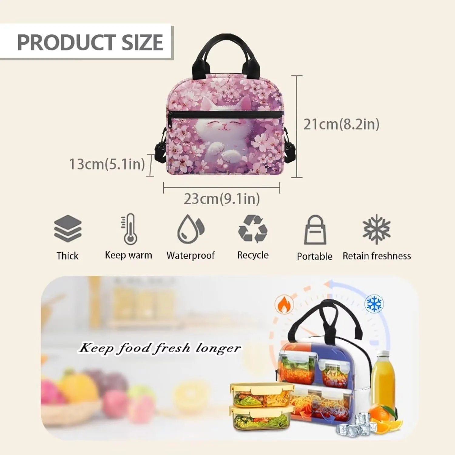 JHQFWMFJ 3 Pcs Backpack Set Cute Cat Cherry Blossom Print Backpacks with Lunch Box Pink Bookbag for Girls Kawaii Pencil Pouch Thermal Insulated Lunch Bag for School Travel