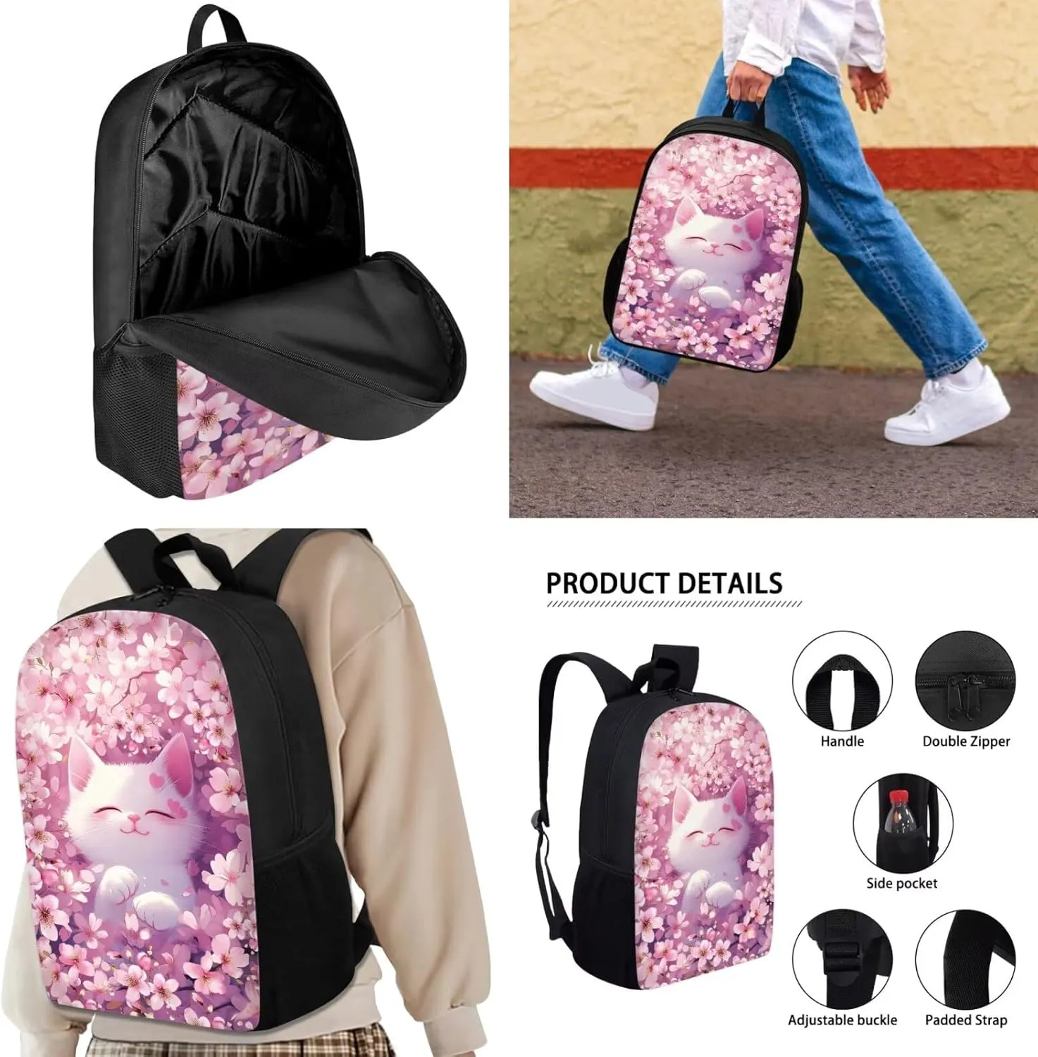 JHQFWMFJ 3 Pcs Backpack Set Cute Cat Cherry Blossom Print Backpacks with Lunch Box Pink Bookbag for Girls Kawaii Pencil Pouch Thermal Insulated Lunch Bag for School Travel