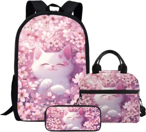 JHQFWMFJ 3 Pcs Backpack Set Cute Cat Cherry Blossom Print Backpacks with Lunch Box Pink Bookbag for Girls Kawaii Pencil Pouch Thermal Insulated Lunch Bag for School Travel