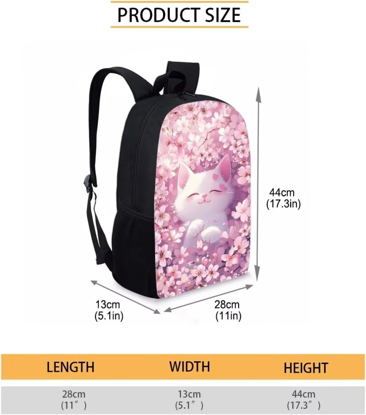JHQFWMFJ 3 Pcs Backpack Set Cute Cat Cherry Blossom Print Backpacks with Lunch Box Pink Bookbag for Girls Kawaii Pencil Pouch Thermal Insulated Lunch Bag for School Travel