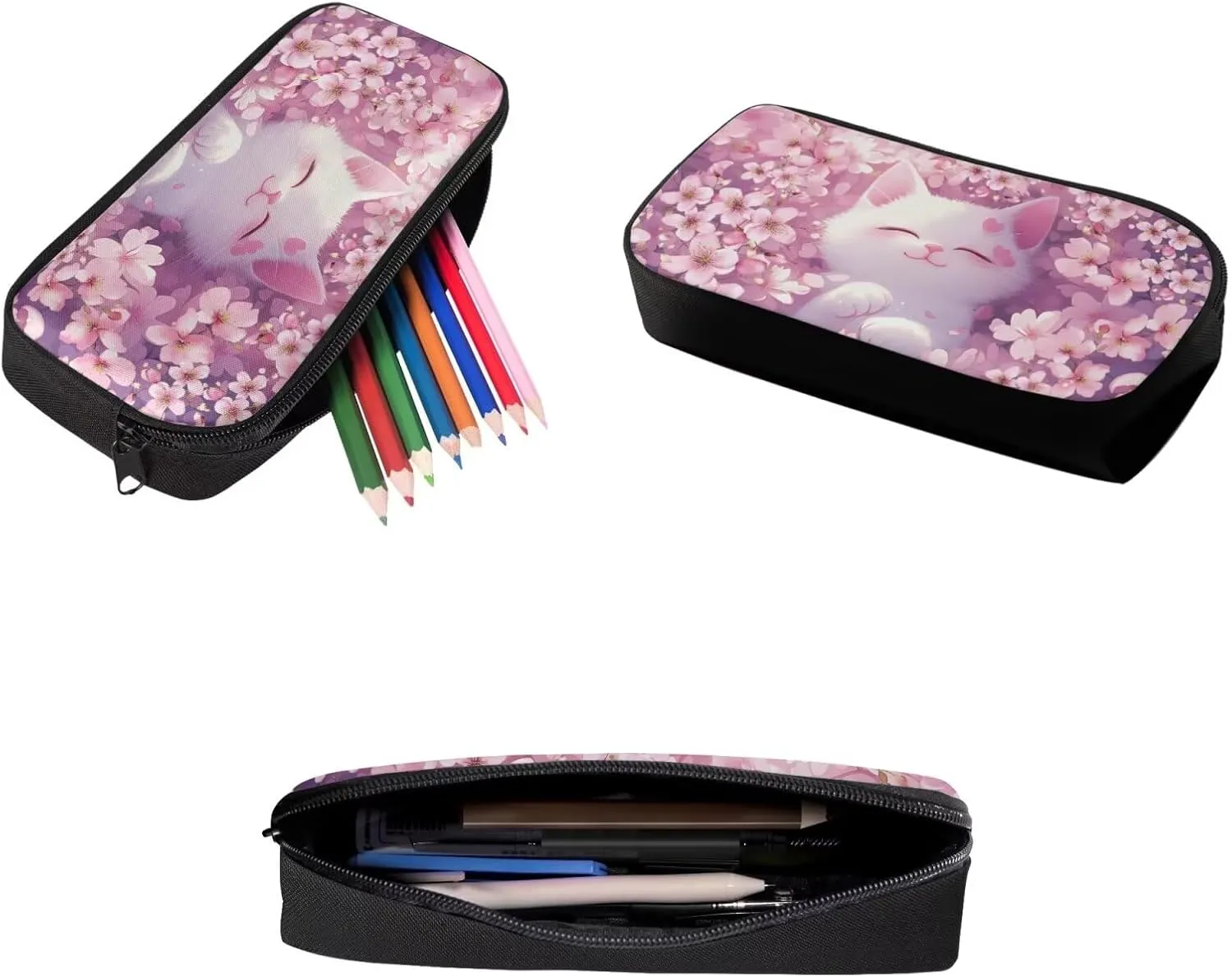 JHQFWMFJ 3 Pcs Backpack Set Cute Cat Cherry Blossom Print Backpacks with Lunch Box Pink Bookbag for Girls Kawaii Pencil Pouch Thermal Insulated Lunch Bag for School Travel
