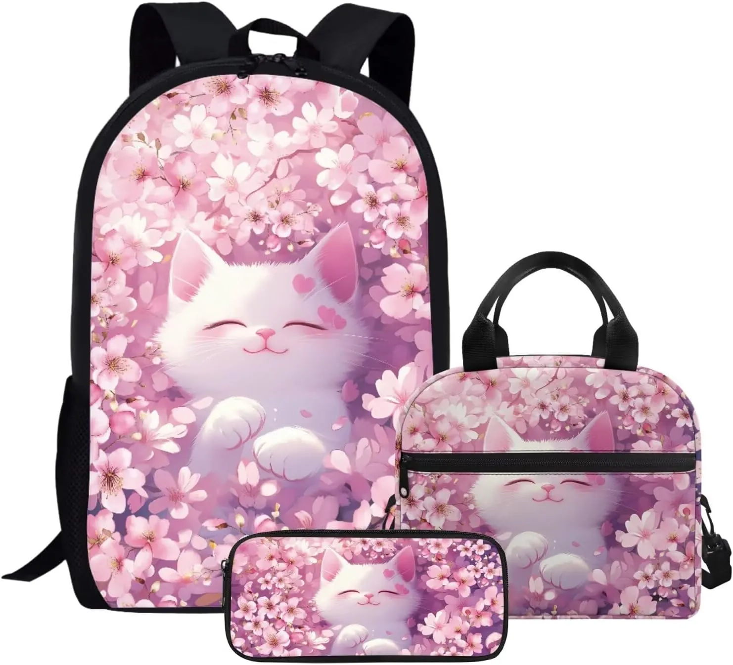 JHQFWMFJ 3 Pcs Backpack Set Cute Cat Cherry Blossom Print Backpacks with Lunch Box Pink Bookbag for Girls Kawaii Pencil Pouch Thermal Insulated Lunch Bag for School Travel