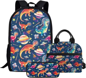 JHQFWMFJ Dinosaur Backpack with Lunchbox and Pencil Pouch Boys Elementary 17 inch Backpack Children's Polyester School Bag Set