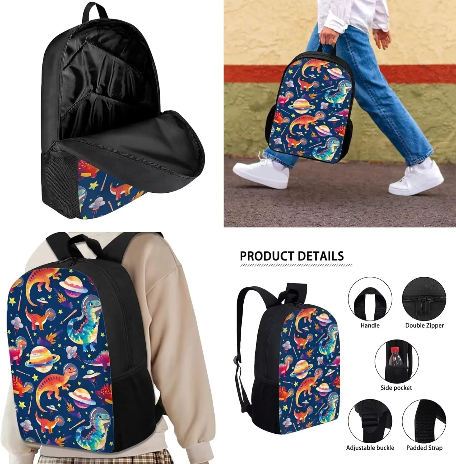 JHQFWMFJ Dinosaur Backpack with Lunchbox and Pencil Pouch Boys Elementary 17 inch Backpack Children's Polyester School Bag Set
