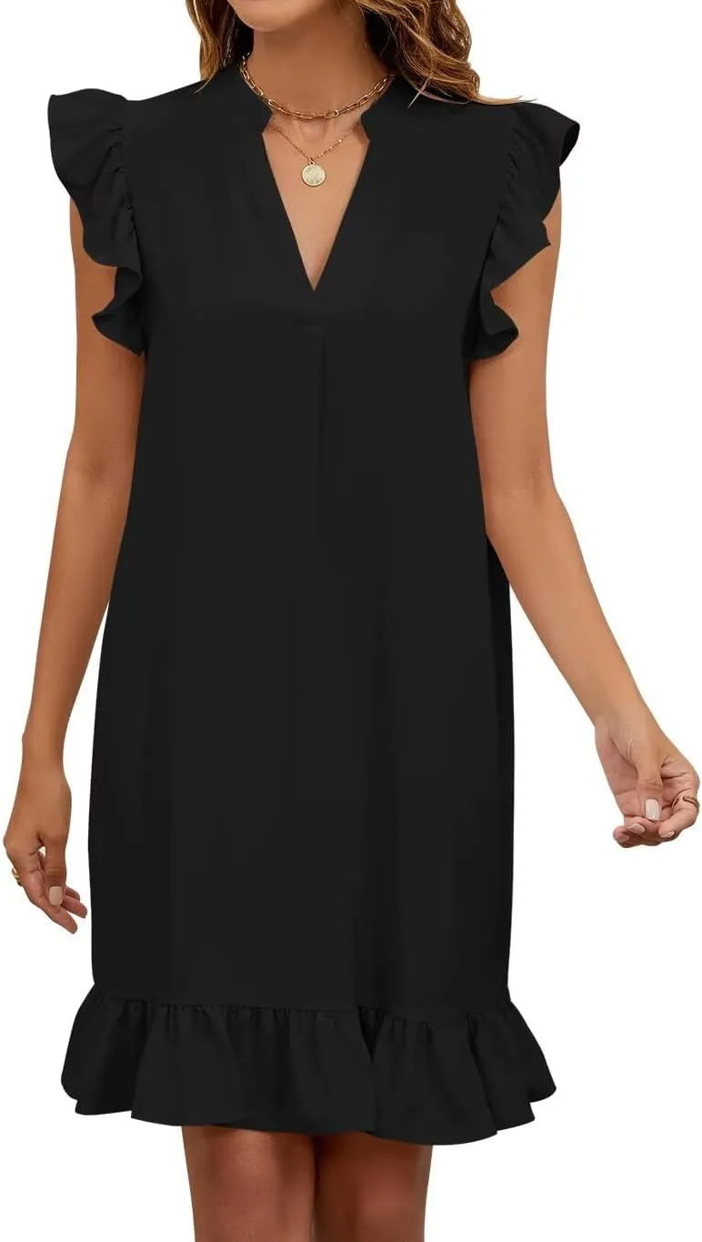JOCAFIYE Summer Dresses for Women 2025 Cute Ruffle Cap Sleeve V-Neck Flowy Swing Mini Dress Sundress