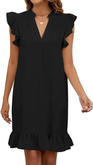 JOCAFIYE Summer Dresses for Women 2025 Cute Ruffle Cap Sleeve V-Neck Flowy Swing Mini Dress Sundress