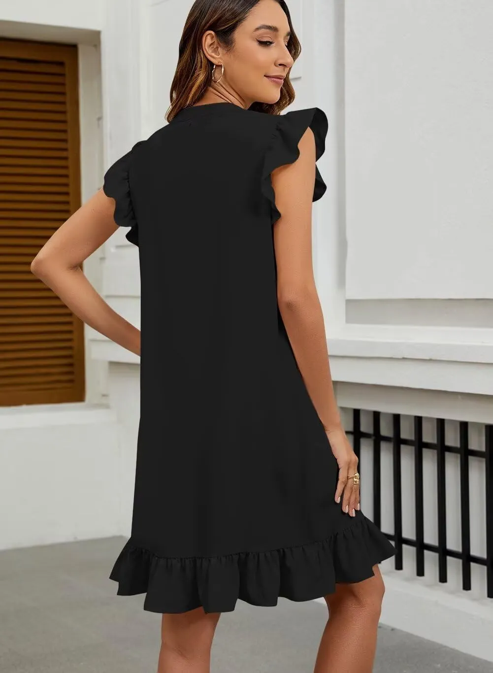 JOCAFIYE Summer Dresses for Women 2025 Cute Ruffle Cap Sleeve V-Neck Flowy Swing Mini Dress Sundress