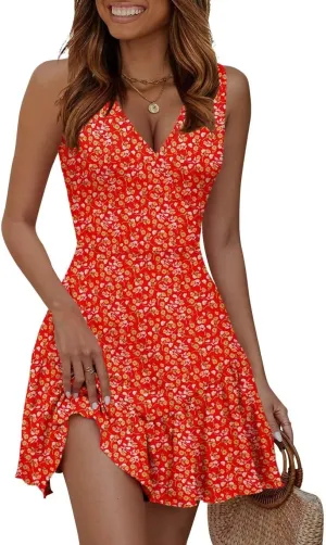 JOCAFIYE Women's Dresses Summer Sleeveless Sexy Wrap V Neck Floral Sundress Mini Dress Beach Dress