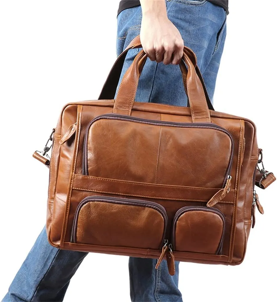JSEIAJB 17 Inch Laptop Bag Men Genuine Leather Handbag Large Men's Travel Shoulder Bag Male Leather Briefcases