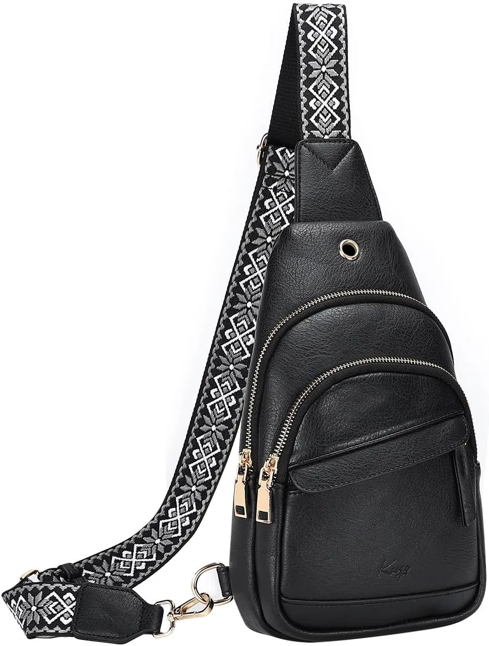 Kasqo Sling Bag for Women,Vegan Leather Small Crossbody Fanny Packs with Guitar Strap Shoulder Chest Belt Bag Black
