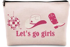 kdqua Let's Go Girls Preppy Cowgirl Makeup Bag, Hot Pink Makeup Bag, Western Hat Disco Ball Boots Linen Cosmetic Bag Travel Toiletry Bag, Bachelorette Party Favors, Cowgirl Stuff for Teen Girls