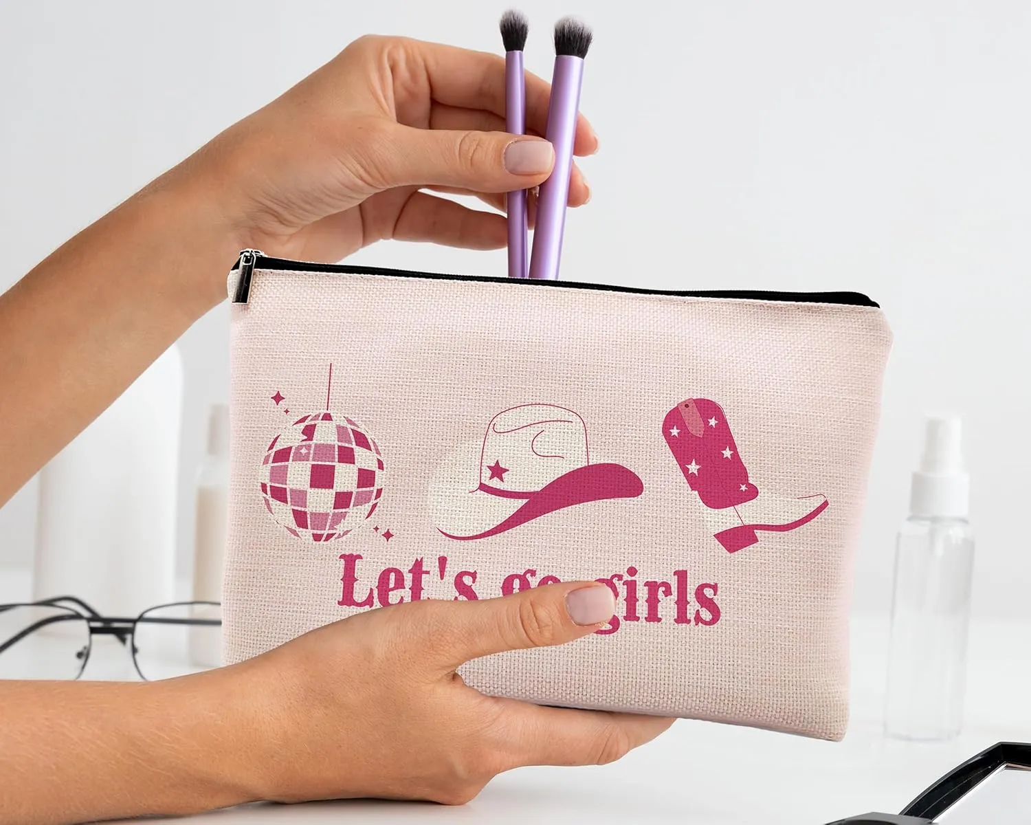 kdqua Let's Go Girls Preppy Cowgirl Makeup Bag, Hot Pink Makeup Bag, Western Hat Disco Ball Boots Linen Cosmetic Bag Travel Toiletry Bag, Bachelorette Party Favors, Cowgirl Stuff for Teen Girls