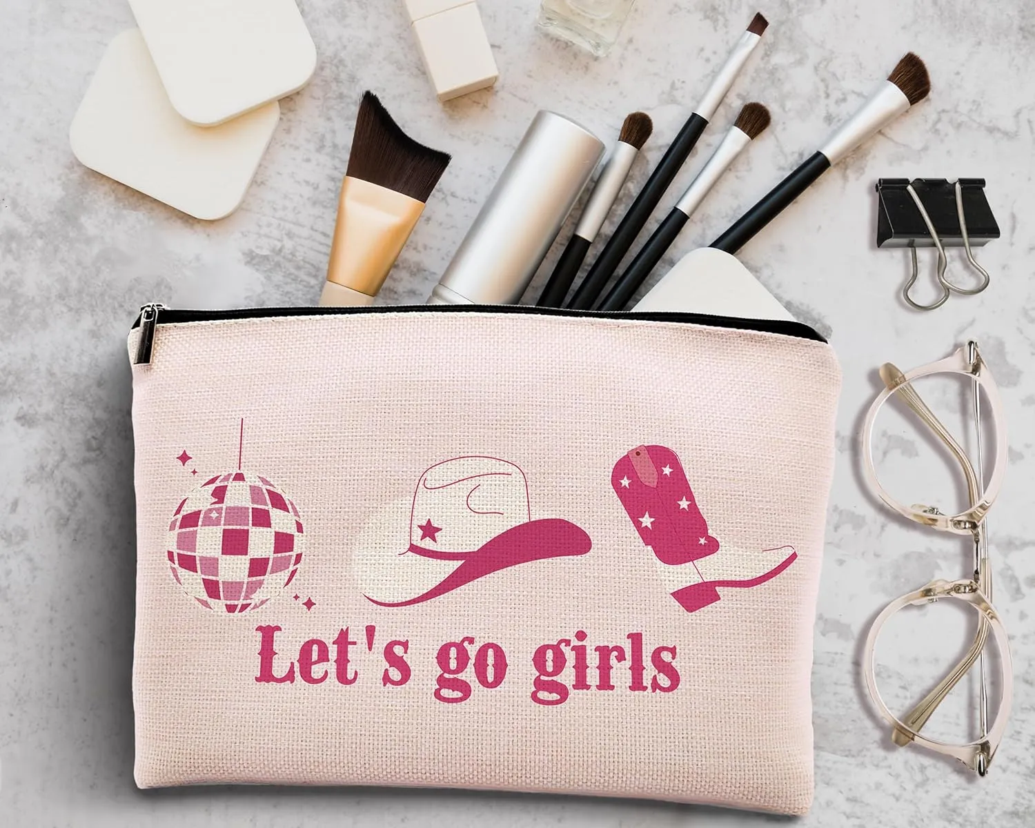 kdqua Let's Go Girls Preppy Cowgirl Makeup Bag, Hot Pink Makeup Bag, Western Hat Disco Ball Boots Linen Cosmetic Bag Travel Toiletry Bag, Bachelorette Party Favors, Cowgirl Stuff for Teen Girls