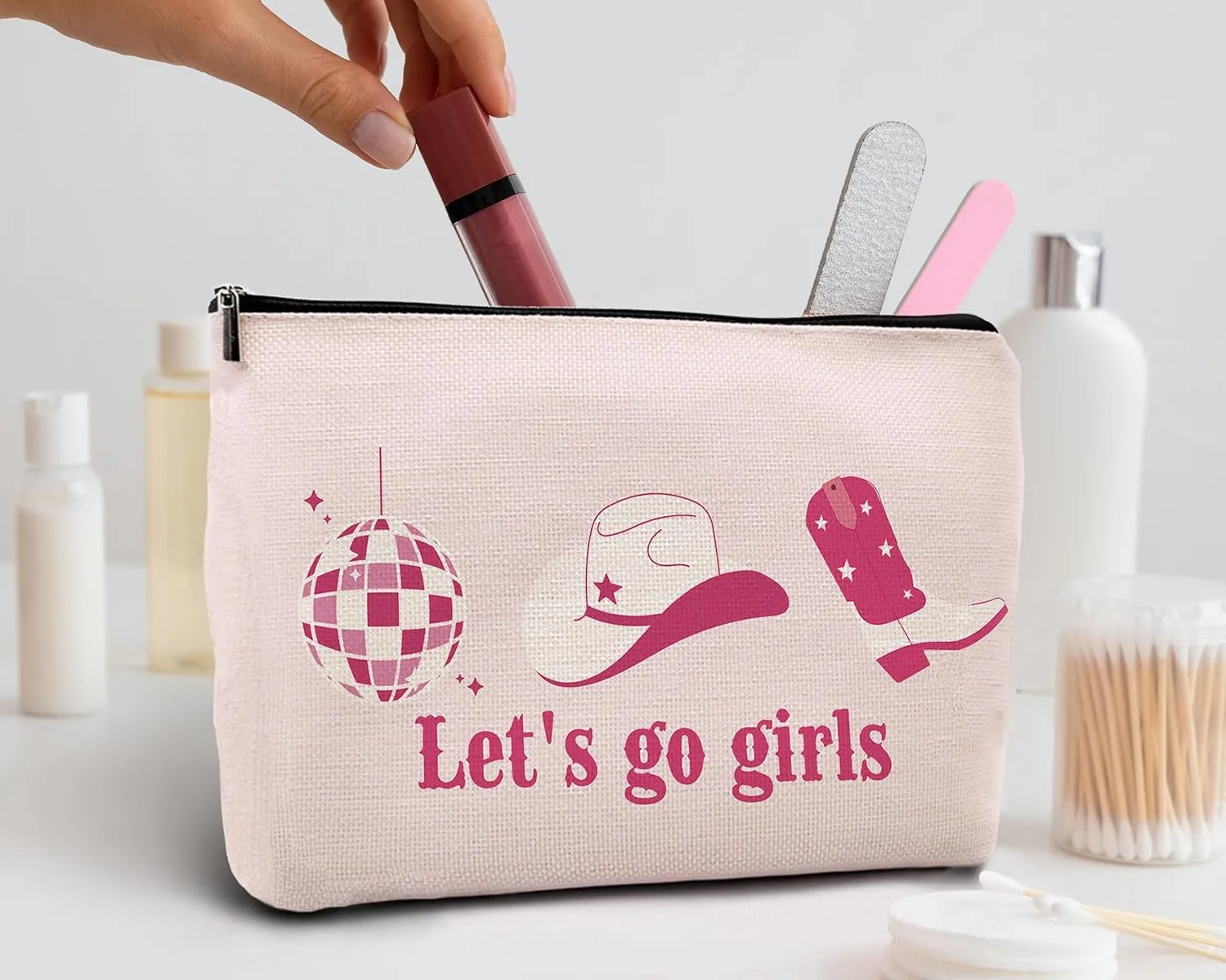 kdqua Let's Go Girls Preppy Cowgirl Makeup Bag, Hot Pink Makeup Bag, Western Hat Disco Ball Boots Linen Cosmetic Bag Travel Toiletry Bag, Bachelorette Party Favors, Cowgirl Stuff for Teen Girls