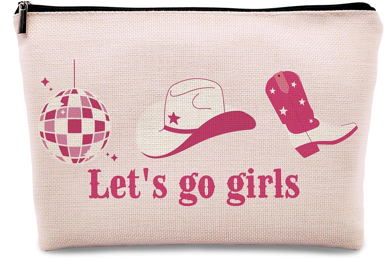 kdqua Let's Go Girls Preppy Cowgirl Makeup Bag, Hot Pink Makeup Bag, Western Hat Disco Ball Boots Linen Cosmetic Bag Travel Toiletry Bag, Bachelorette Party Favors, Cowgirl Stuff for Teen Girls