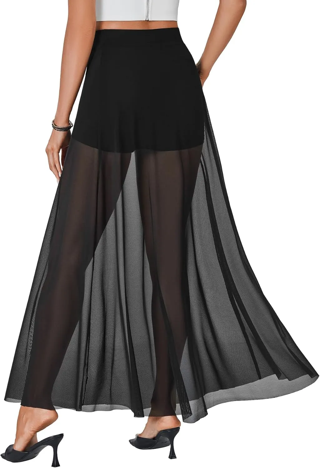 KIFOVEN Womens Sheer Mesh Maxi Skirt High Waist Flowy A Line See Through Long Skirt
