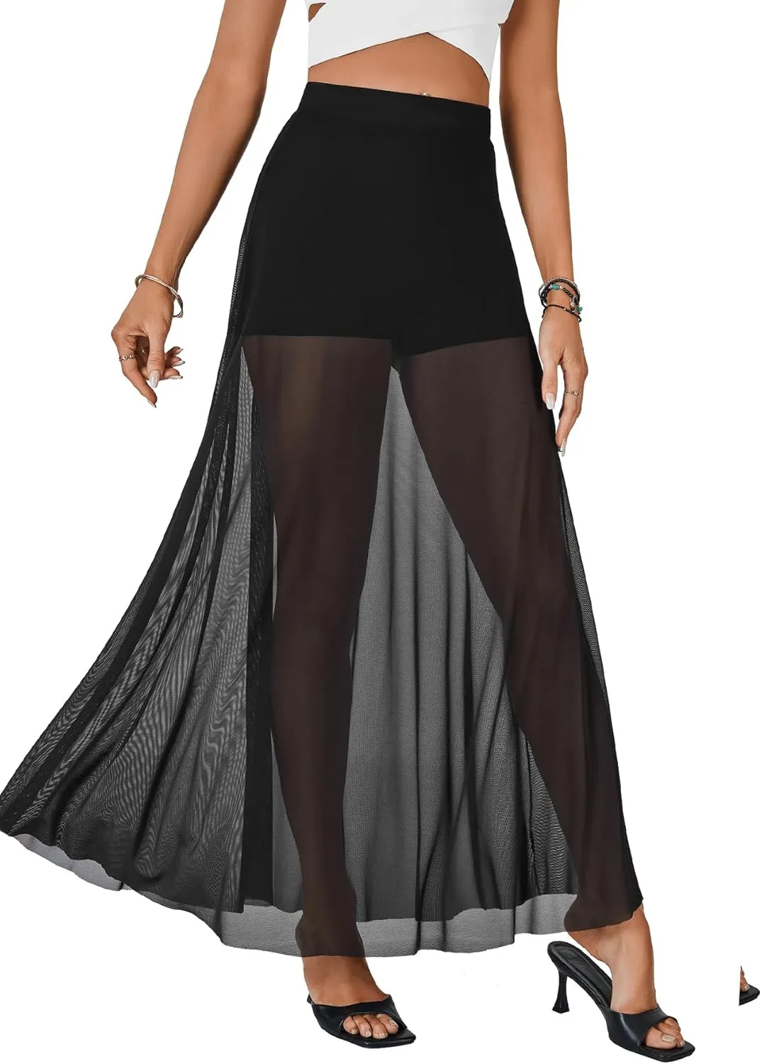 KIFOVEN Womens Sheer Mesh Maxi Skirt High Waist Flowy A Line See Through Long Skirt