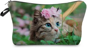 Kitty Gifts Floral Cat Makeup Bag Cute Small Organizer Bag Travel Toiletry Zipper Pouch Floral Kitten Cosmetic Bag Birthday Christmas Gift for Cat Lovers Women Friends