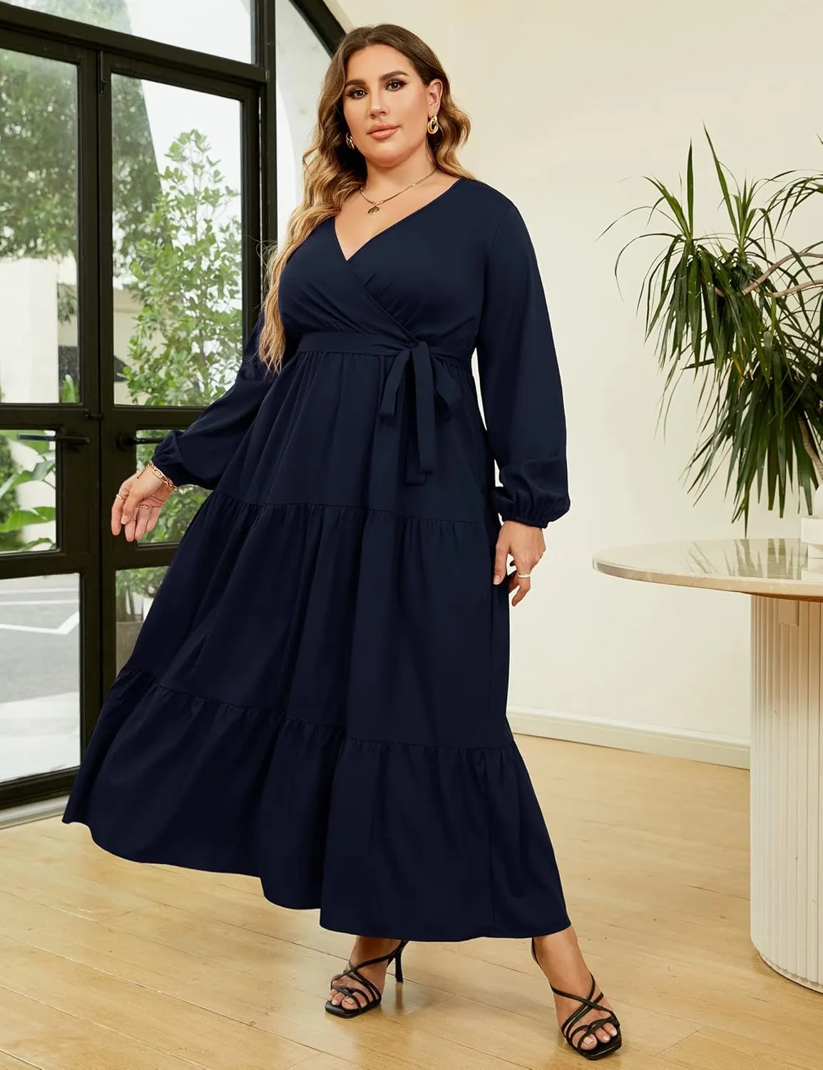 KOJOOIN Women Plus Size V Neck Maxi Dress Wrap Long Sleeves High Waist Ruffle Casual Dress with Belt